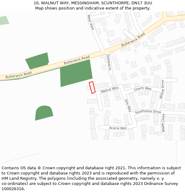 10, WALNUT WAY, MESSINGHAM, SCUNTHORPE, DN17 3UU: Location map and indicative extent of plot