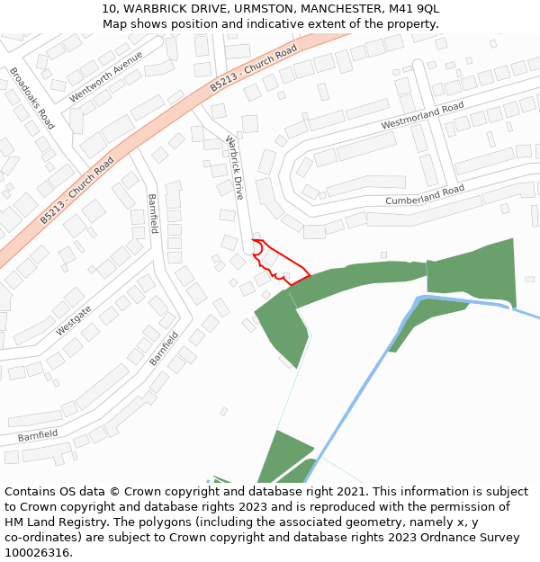 10, WARBRICK DRIVE, URMSTON, MANCHESTER, M41 9QL: Location map and indicative extent of plot