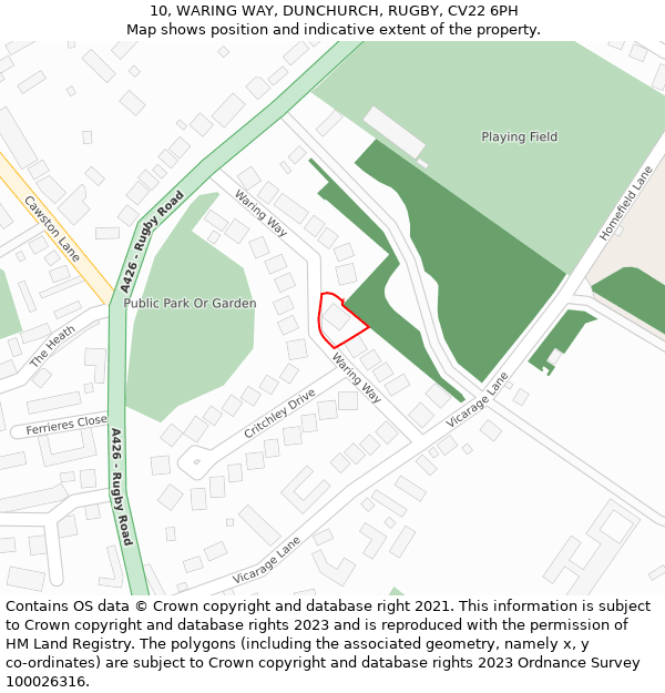 10, WARING WAY, DUNCHURCH, RUGBY, CV22 6PH: Location map and indicative extent of plot