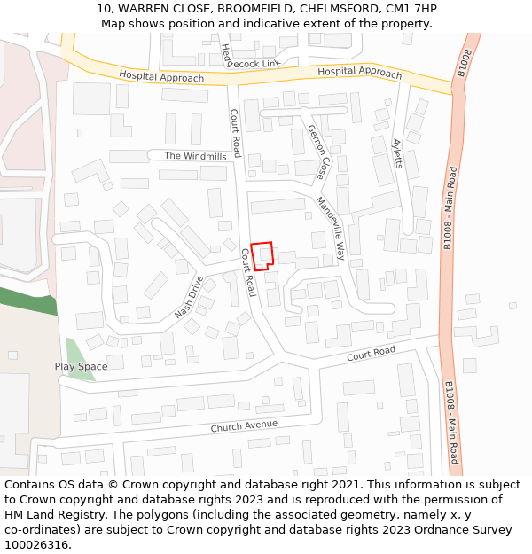 10, WARREN CLOSE, BROOMFIELD, CHELMSFORD, CM1 7HP: Location map and indicative extent of plot