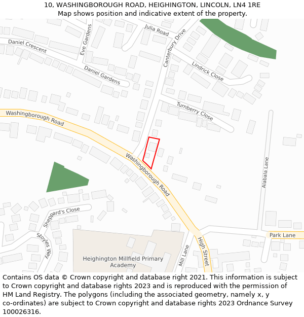 10, WASHINGBOROUGH ROAD, HEIGHINGTON, LINCOLN, LN4 1RE: Location map and indicative extent of plot