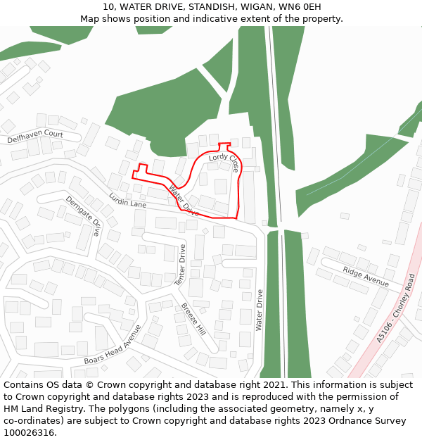 10, WATER DRIVE, STANDISH, WIGAN, WN6 0EH: Location map and indicative extent of plot