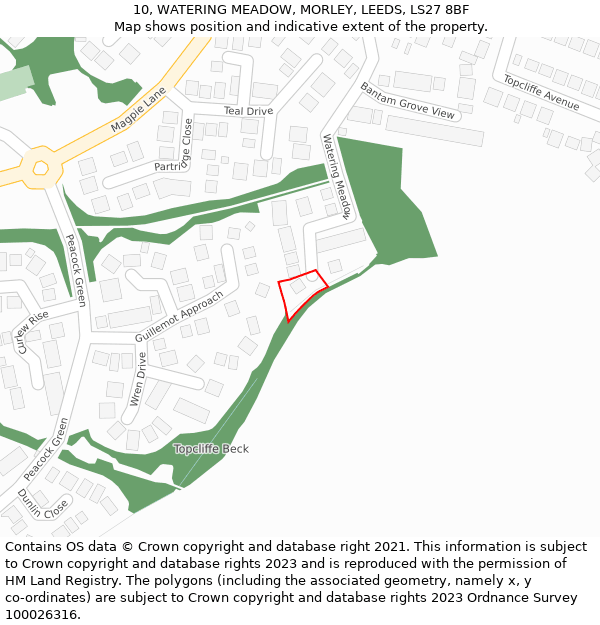 10, WATERING MEADOW, MORLEY, LEEDS, LS27 8BF: Location map and indicative extent of plot