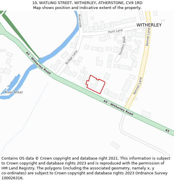 10, WATLING STREET, WITHERLEY, ATHERSTONE, CV9 1RD: Location map and indicative extent of plot