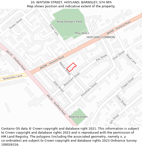 10, WATSON STREET, HOYLAND, BARNSLEY, S74 0PA: Location map and indicative extent of plot