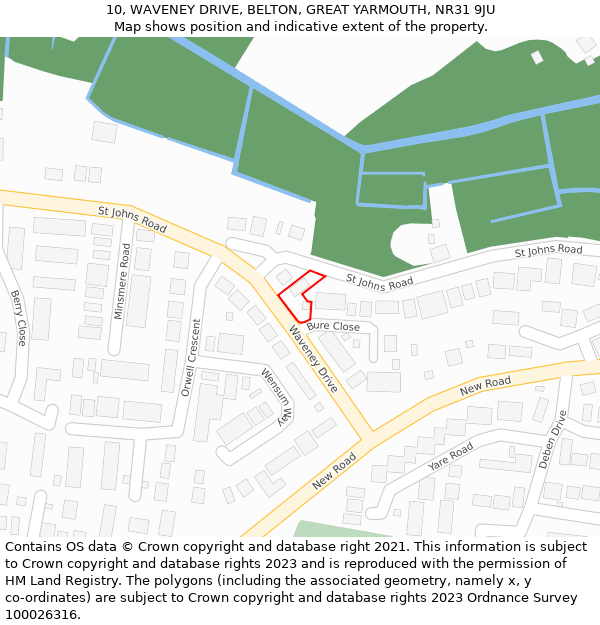 10, WAVENEY DRIVE, BELTON, GREAT YARMOUTH, NR31 9JU: Location map and indicative extent of plot