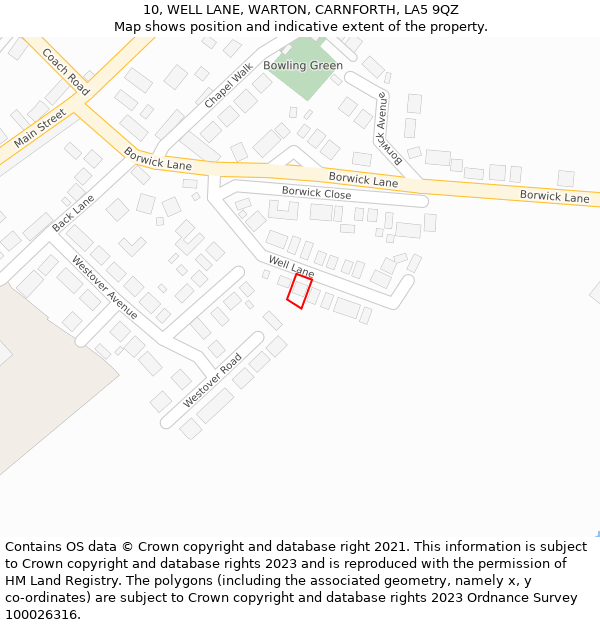 10, WELL LANE, WARTON, CARNFORTH, LA5 9QZ: Location map and indicative extent of plot