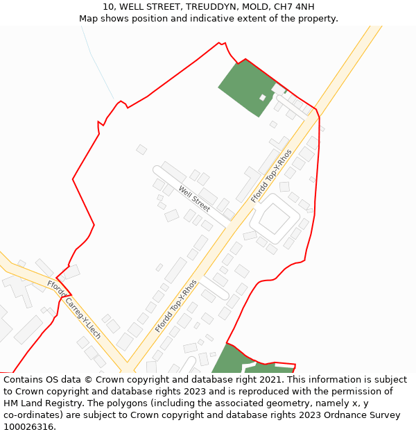 10, WELL STREET, TREUDDYN, MOLD, CH7 4NH: Location map and indicative extent of plot