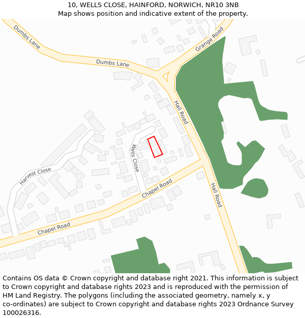 10, WELLS CLOSE, HAINFORD, NORWICH, NR10 3NB: Location map and indicative extent of plot