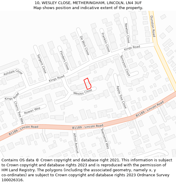 10, WESLEY CLOSE, METHERINGHAM, LINCOLN, LN4 3UF: Location map and indicative extent of plot