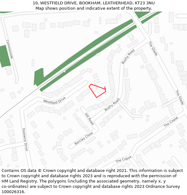 10, WESTFIELD DRIVE, BOOKHAM, LEATHERHEAD, KT23 3NU: Location map and indicative extent of plot