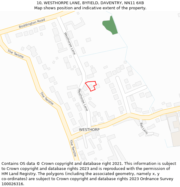 10, WESTHORPE LANE, BYFIELD, DAVENTRY, NN11 6XB: Location map and indicative extent of plot