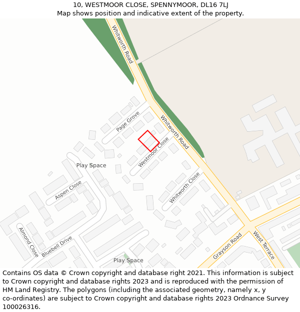 10, WESTMOOR CLOSE, SPENNYMOOR, DL16 7LJ: Location map and indicative extent of plot