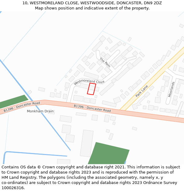 10, WESTMORELAND CLOSE, WESTWOODSIDE, DONCASTER, DN9 2DZ: Location map and indicative extent of plot