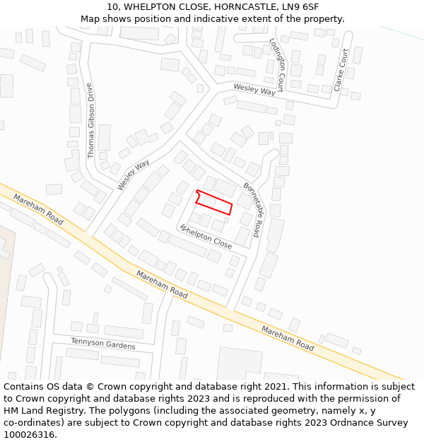 10, WHELPTON CLOSE, HORNCASTLE, LN9 6SF: Location map and indicative extent of plot