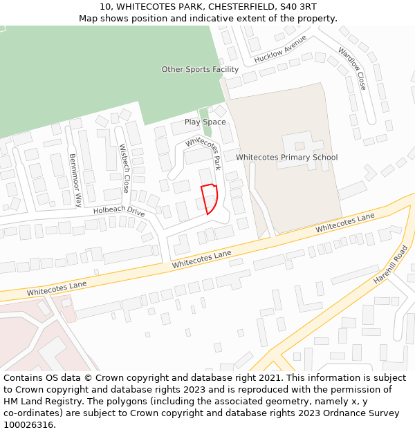 10, WHITECOTES PARK, CHESTERFIELD, S40 3RT: Location map and indicative extent of plot