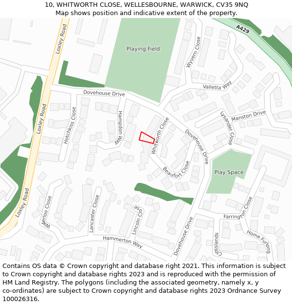 10, WHITWORTH CLOSE, WELLESBOURNE, WARWICK, CV35 9NQ: Location map and indicative extent of plot