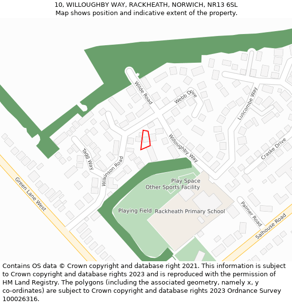 10, WILLOUGHBY WAY, RACKHEATH, NORWICH, NR13 6SL: Location map and indicative extent of plot