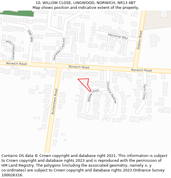 10, WILLOW CLOSE, LINGWOOD, NORWICH, NR13 4BT: Location map and indicative extent of plot