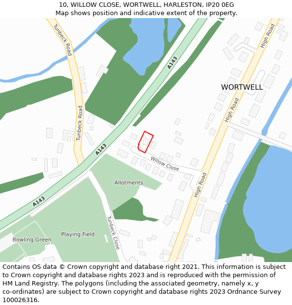 10, WILLOW CLOSE, WORTWELL, HARLESTON, IP20 0EG: Location map and indicative extent of plot