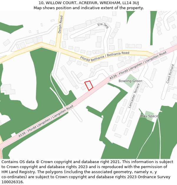 10, WILLOW COURT, ACREFAIR, WREXHAM, LL14 3UJ: Location map and indicative extent of plot