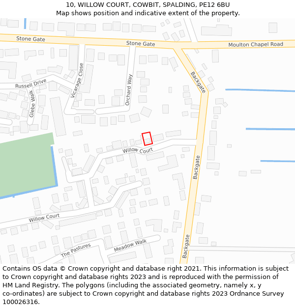 10, WILLOW COURT, COWBIT, SPALDING, PE12 6BU: Location map and indicative extent of plot