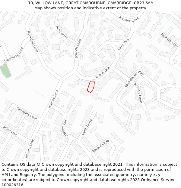 10, WILLOW LANE, GREAT CAMBOURNE, CAMBRIDGE, CB23 6AA: Location map and indicative extent of plot