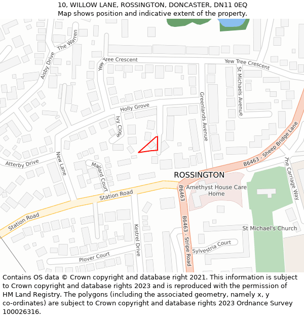 10, WILLOW LANE, ROSSINGTON, DONCASTER, DN11 0EQ: Location map and indicative extent of plot