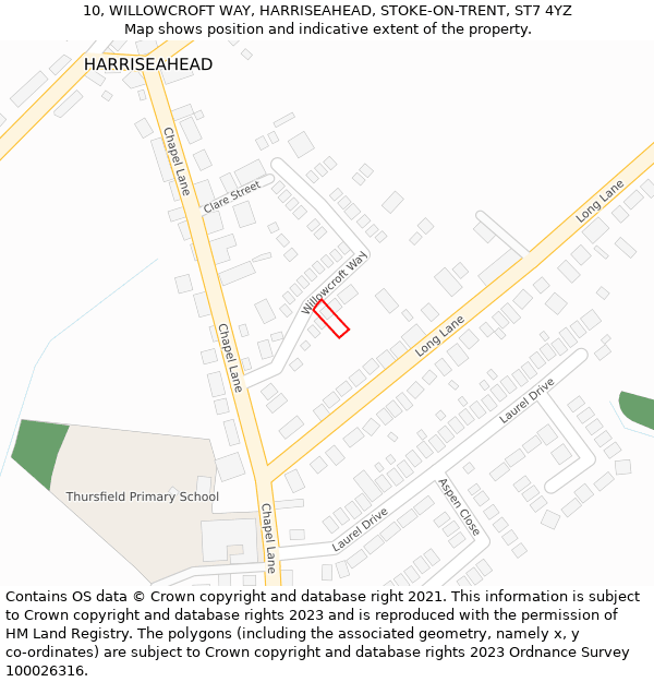 10, WILLOWCROFT WAY, HARRISEAHEAD, STOKE-ON-TRENT, ST7 4YZ: Location map and indicative extent of plot