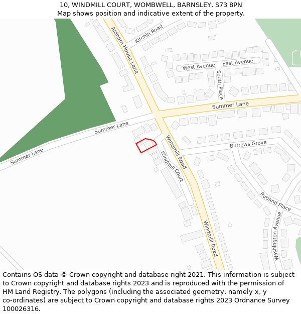 10, WINDMILL COURT, WOMBWELL, BARNSLEY, S73 8PN: Location map and indicative extent of plot