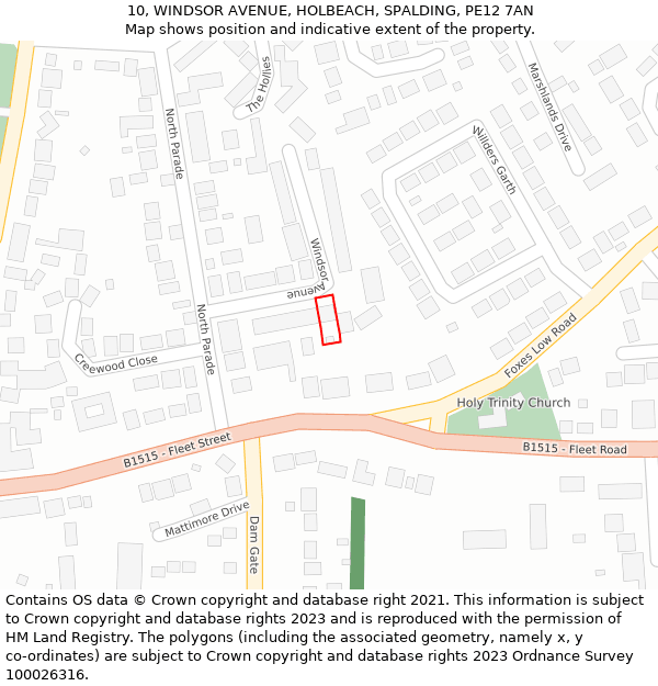 10, WINDSOR AVENUE, HOLBEACH, SPALDING, PE12 7AN: Location map and indicative extent of plot