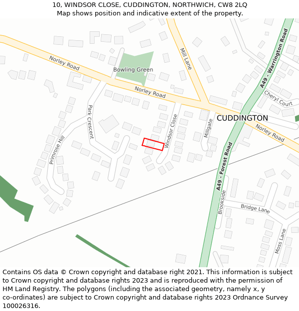 10, WINDSOR CLOSE, CUDDINGTON, NORTHWICH, CW8 2LQ: Location map and indicative extent of plot