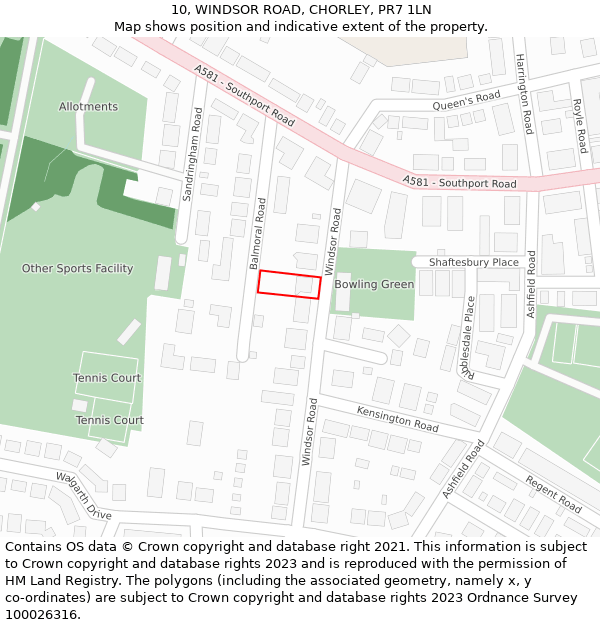 10, WINDSOR ROAD, CHORLEY, PR7 1LN: Location map and indicative extent of plot