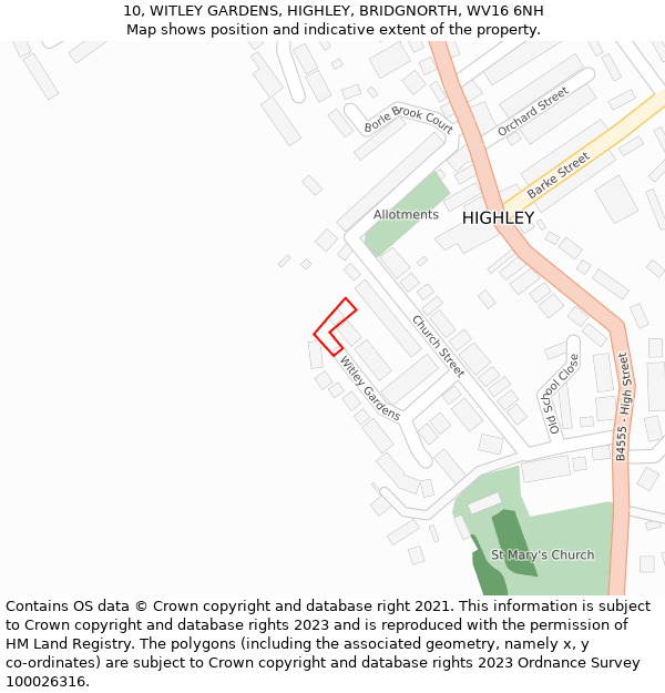 10, WITLEY GARDENS, HIGHLEY, BRIDGNORTH, WV16 6NH: Location map and indicative extent of plot