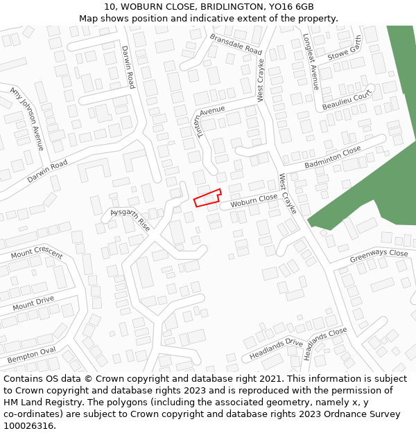 10, WOBURN CLOSE, BRIDLINGTON, YO16 6GB: Location map and indicative extent of plot