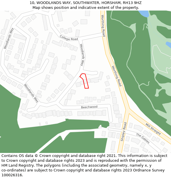 10, WOODLANDS WAY, SOUTHWATER, HORSHAM, RH13 9HZ: Location map and indicative extent of plot