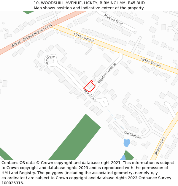 10, WOODSHILL AVENUE, LICKEY, BIRMINGHAM, B45 8HD: Location map and indicative extent of plot