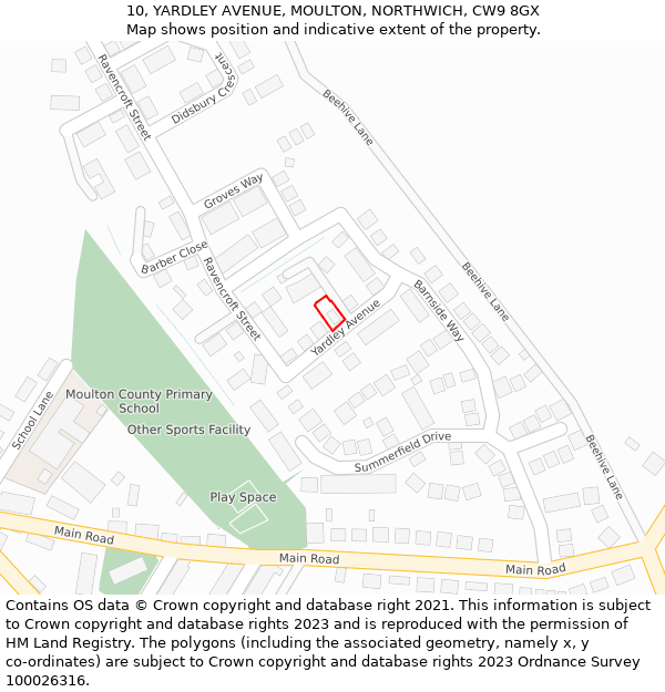 10, YARDLEY AVENUE, MOULTON, NORTHWICH, CW9 8GX: Location map and indicative extent of plot