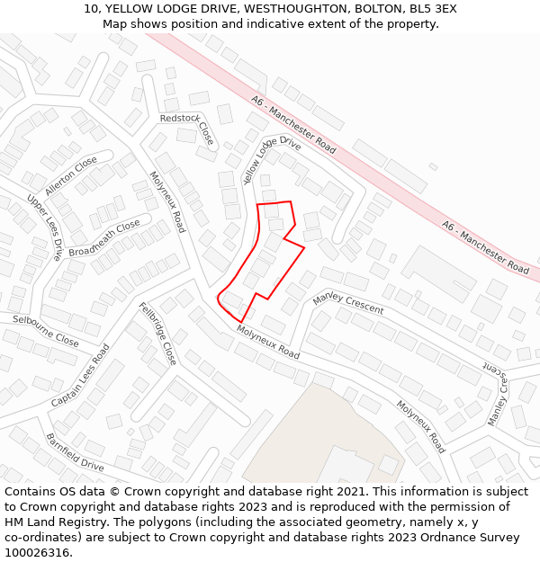 10, YELLOW LODGE DRIVE, WESTHOUGHTON, BOLTON, BL5 3EX: Location map and indicative extent of plot