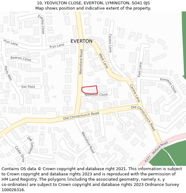 10, YEOVILTON CLOSE, EVERTON, LYMINGTON, SO41 0JS: Location map and indicative extent of plot