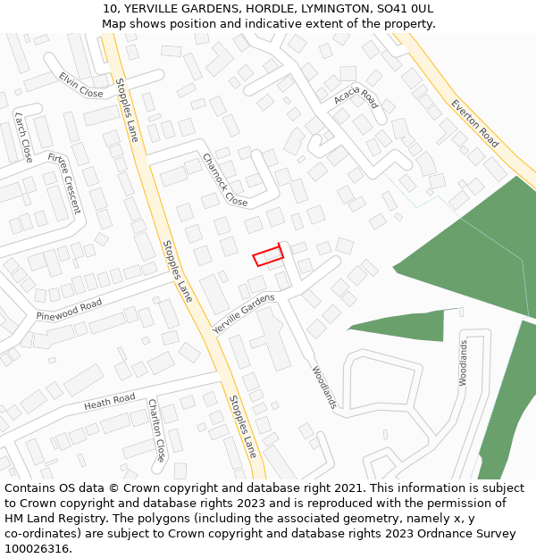 10, YERVILLE GARDENS, HORDLE, LYMINGTON, SO41 0UL: Location map and indicative extent of plot