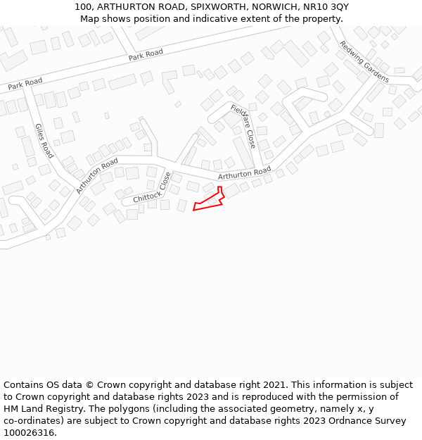 100, ARTHURTON ROAD, SPIXWORTH, NORWICH, NR10 3QY: Location map and indicative extent of plot