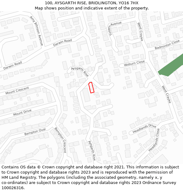 100, AYSGARTH RISE, BRIDLINGTON, YO16 7HX: Location map and indicative extent of plot