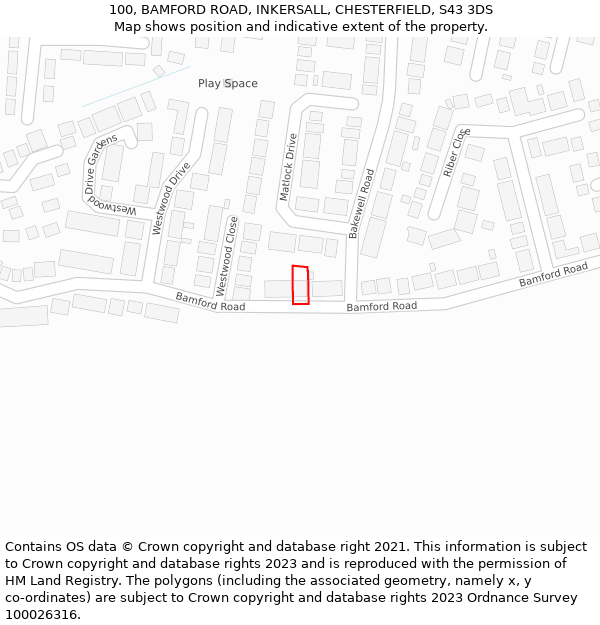 100, BAMFORD ROAD, INKERSALL, CHESTERFIELD, S43 3DS: Location map and indicative extent of plot