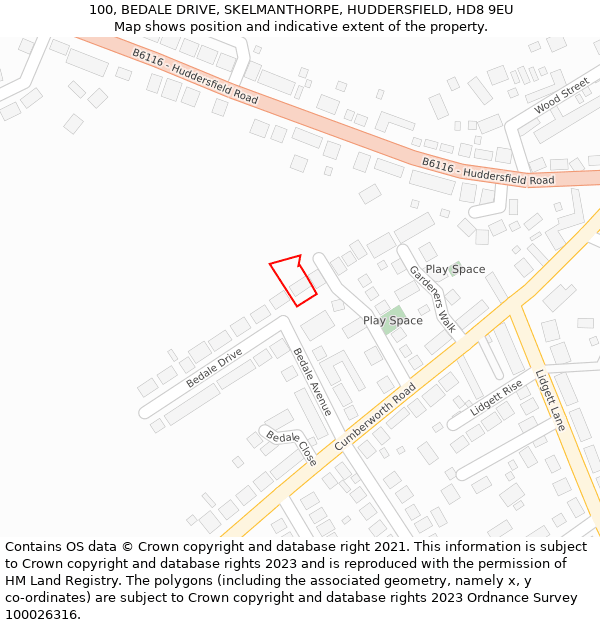 100, BEDALE DRIVE, SKELMANTHORPE, HUDDERSFIELD, HD8 9EU: Location map and indicative extent of plot