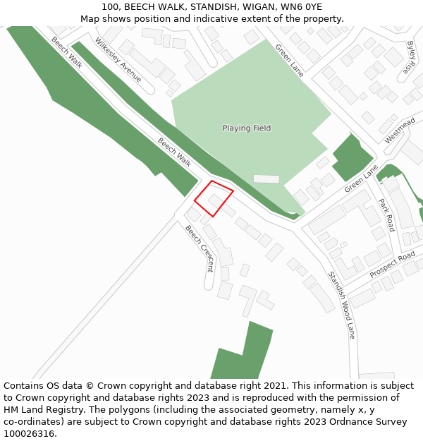 100, BEECH WALK, STANDISH, WIGAN, WN6 0YE: Location map and indicative extent of plot