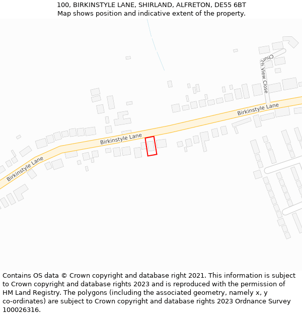 100, BIRKINSTYLE LANE, SHIRLAND, ALFRETON, DE55 6BT: Location map and indicative extent of plot