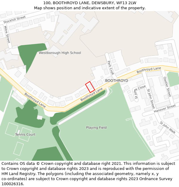 100, BOOTHROYD LANE, DEWSBURY, WF13 2LW: Location map and indicative extent of plot