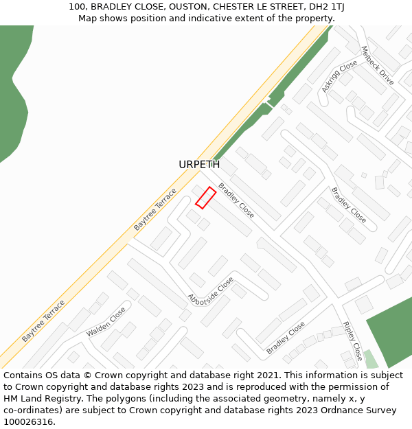 100, BRADLEY CLOSE, OUSTON, CHESTER LE STREET, DH2 1TJ: Location map and indicative extent of plot