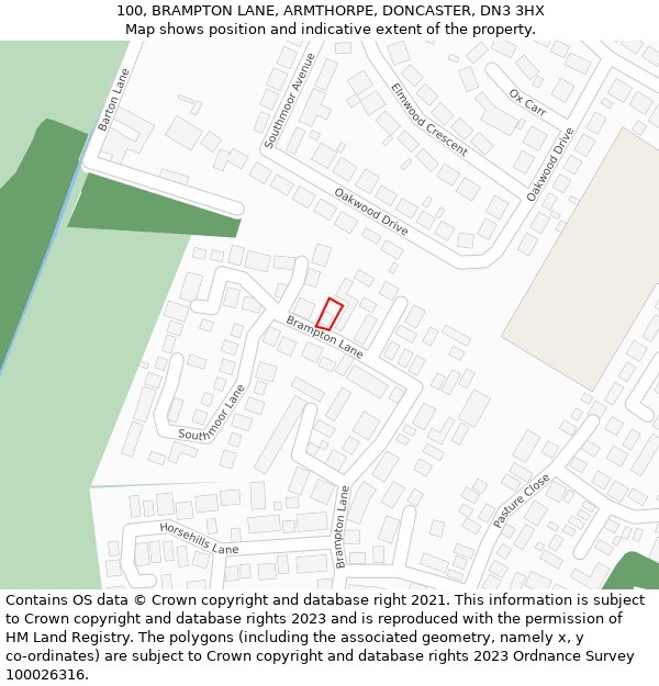 100, BRAMPTON LANE, ARMTHORPE, DONCASTER, DN3 3HX: Location map and indicative extent of plot
